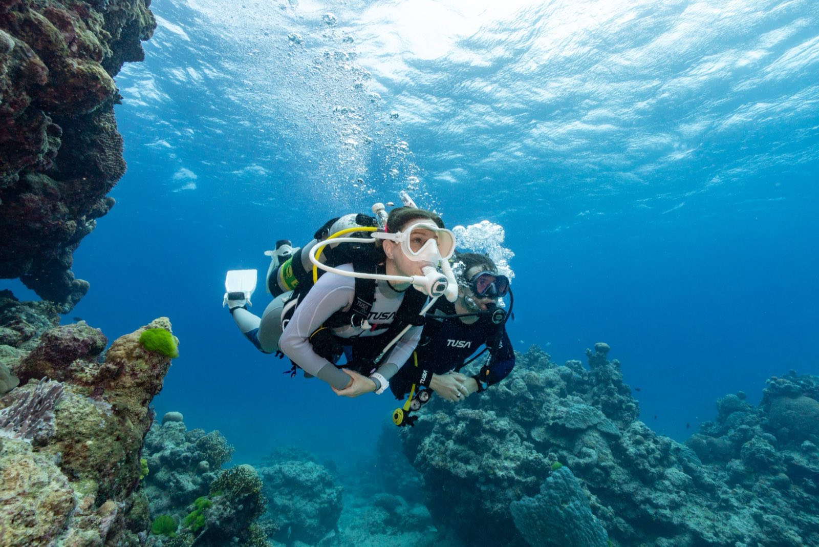 Two divers on a coral reef.