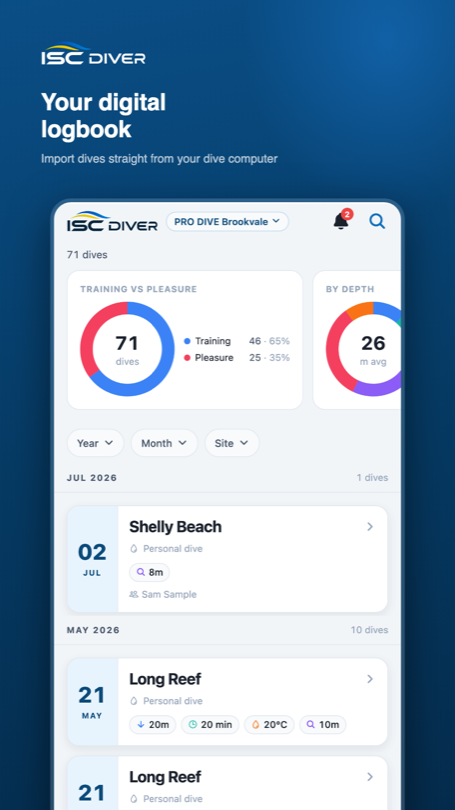 Dive logbook with charts for training versus pleasure dives and average depth.